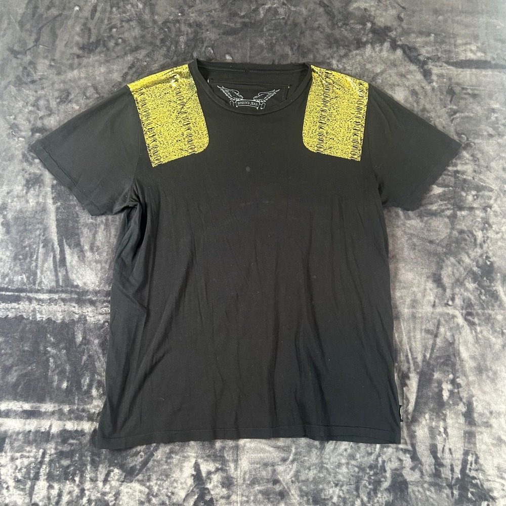 Robin's Jean T-Shirt Mens XL Black Gold Foil‎ Wing Logo Snakeskin Streetwear